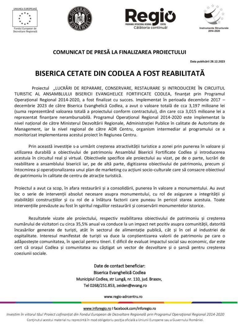 Sc Yumar Codlea Program evenimente culturale și artistice, în anul 2024, la Biserica ...